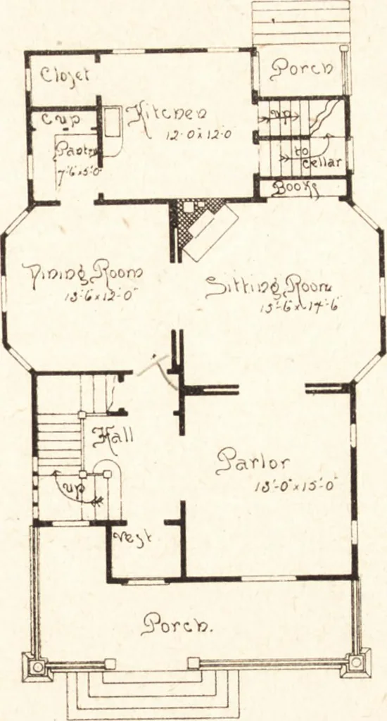 An illustration from Artistic dwellings : giving views, floor plans and estimates of cost of many house and cottage designs, costing from $600 up, designed and selected with especial reference to economy in building and convenience of arrangement, 1893, leaf 90