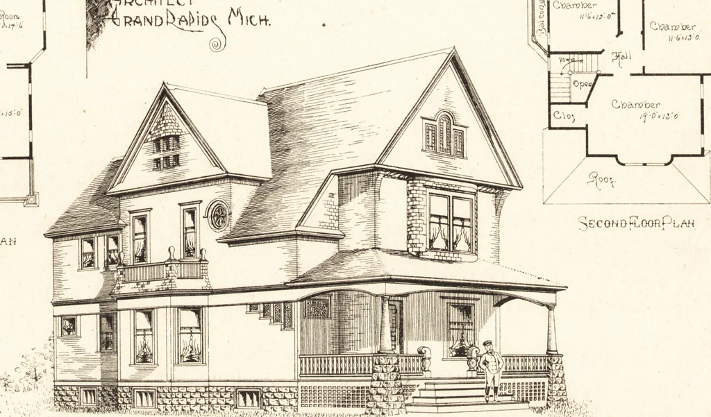 An illustration from Artistic dwellings : giving views, floor plans and estimates of cost of many house and cottage designs, costing from $600 up, designed and selected with especial reference to economy in building and convenience of arrangement, 1893, leaf 90
