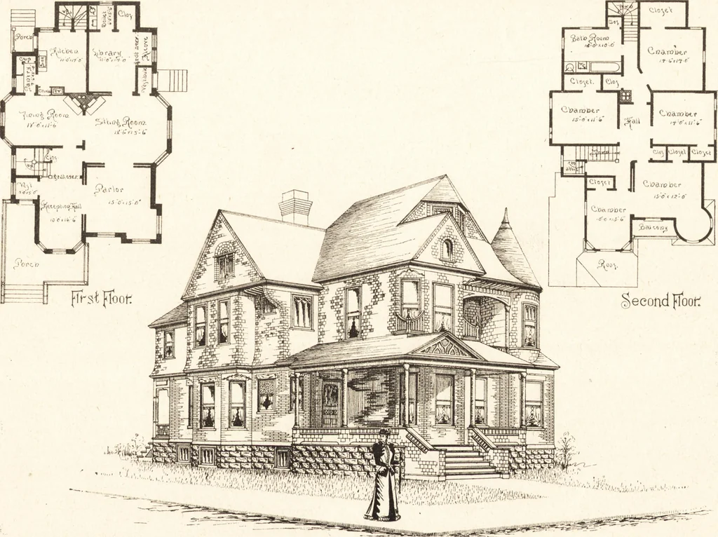 An illustration from Artistic dwellings : giving views, floor plans and estimates of cost of many house and cottage designs, costing from $600 up, designed and selected with especial reference to economy in building and convenience of arrangement, 1893, leaf 92