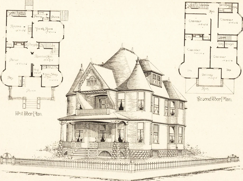 An illustration from Artistic dwellings : giving views, floor plans and estimates of cost of many house and cottage designs, costing from $600 up, designed and selected with especial reference to economy in building and convenience of arrangement, 1893, leaf 96