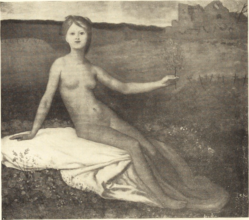An illustration from Catalogue of an exhibition of paintings and sculpture from the Luxembourg Museum, Paris, of objects of decorative art from Mobilier National, the Gobelins and the Sèvres manufactories, of paintings, sculpture, and prints by contributing French and Belgian artists : forming the art collection exhibited by the French government at the Panama-Pacific Exposition, 1915, 1918, leaf 49