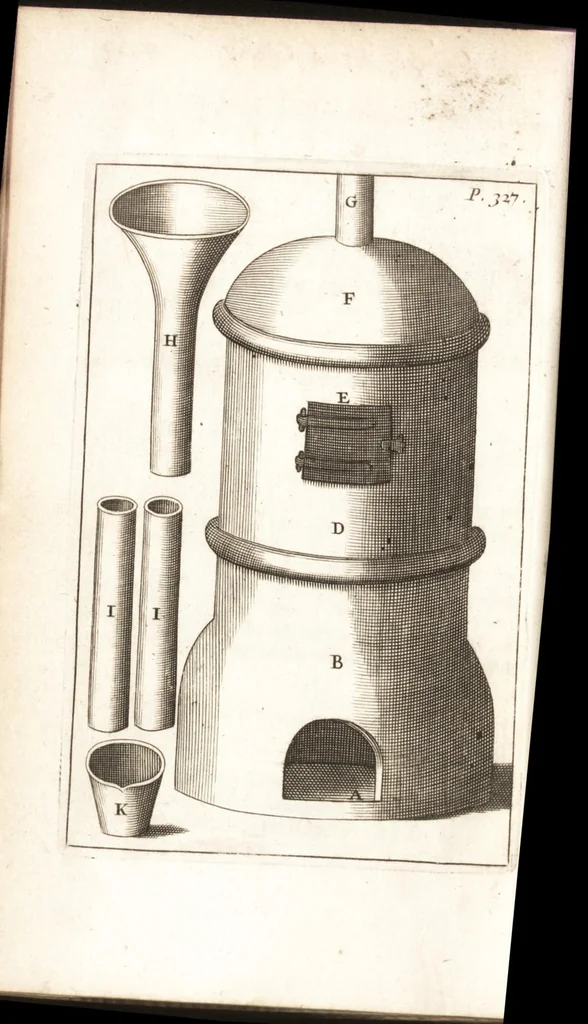 An illustration from The art of glass : shewing how to make all sorts of glass, crystal and enamel, likewise the making of pearls, precious stones, china and looking-glasses : to which is added, the method of painting on glass and enameling : also how to extract the colours from minerals, metals, herbs and flowers : a work containing many secrets and curiosities never before discovered : with an appendix, containing exact instructions for making glass-eyes of all colours, 1699, leaf 361