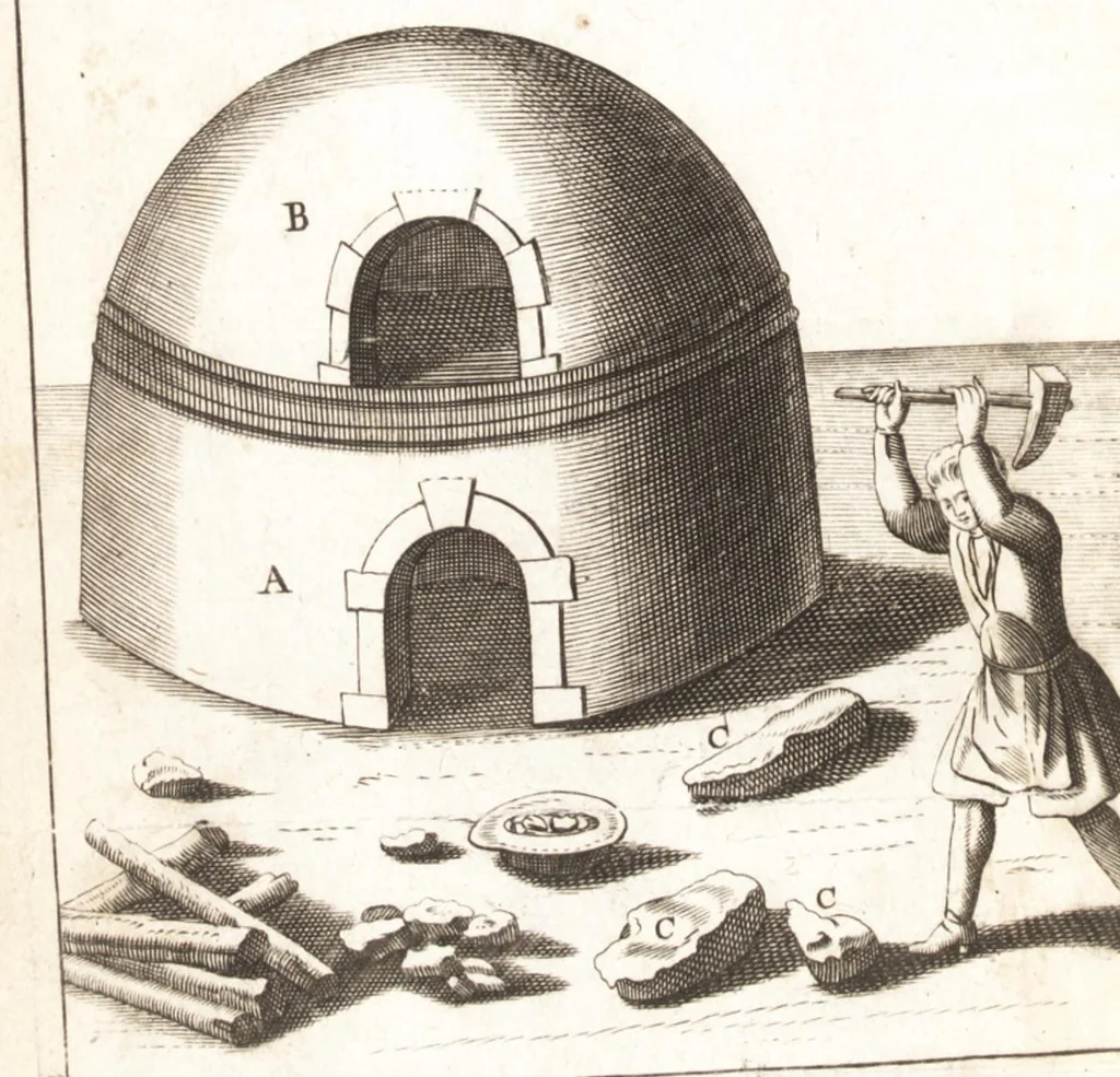 An illustration from The art of glass : shewing how to make all sorts of glass, crystal and enamel, likewise the making of pearls, precious stones, china and looking-glasses : to which is added, the method of painting on glass and enameling : also how to extract the colours from minerals, metals, herbs and flowers : a work containing many secrets and curiosities never before discovered : with an appendix, containing exact instructions for making glass-eyes of all colours, 1699, leaf 39