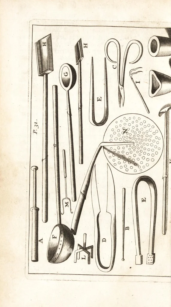 An illustration from The art of glass : shewing how to make all sorts of glass, crystal and enamel, likewise the making of pearls, precious stones, china and looking-glasses : to which is added, the method of painting on glass and enameling : also how to extract the colours from minerals, metals, herbs and flowers : a work containing many secrets and curiosities never before discovered : with an appendix, containing exact instructions for making glass-eyes of all colours, 1699, leaf 57