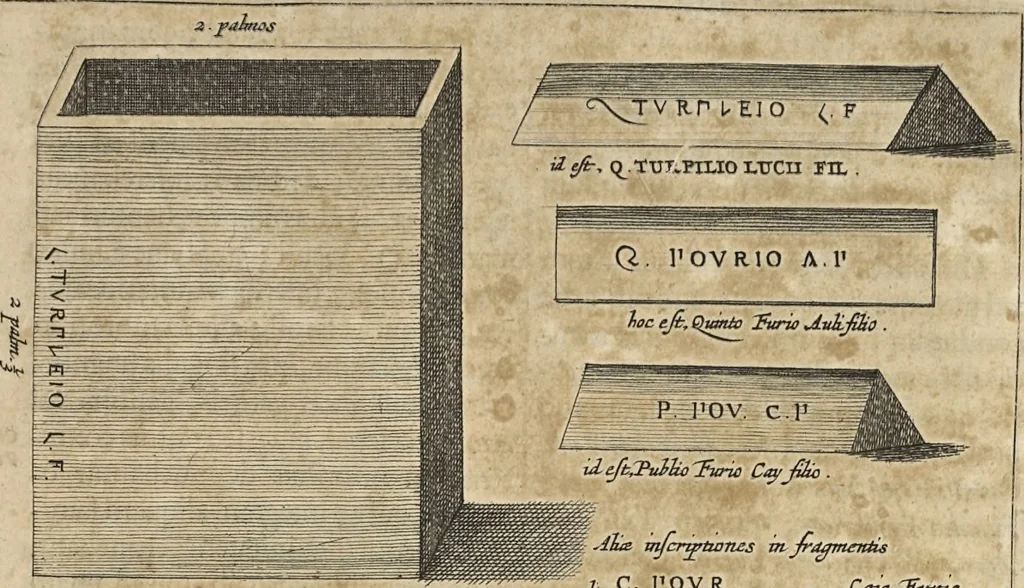 An illustration from Athanasii Kircheri è Soc. Jesu Latium, id est, Nova & parallela Latii tum veteris tum novi descriptio : qua quaecunque vel natura, vel veterum Romanorum ingenium admiranda effecit, geographico-historico-physico ratiocinio, juxta rerum gestarum, temporumque seriem exponitur & enucleatur, 1671, leaf 122