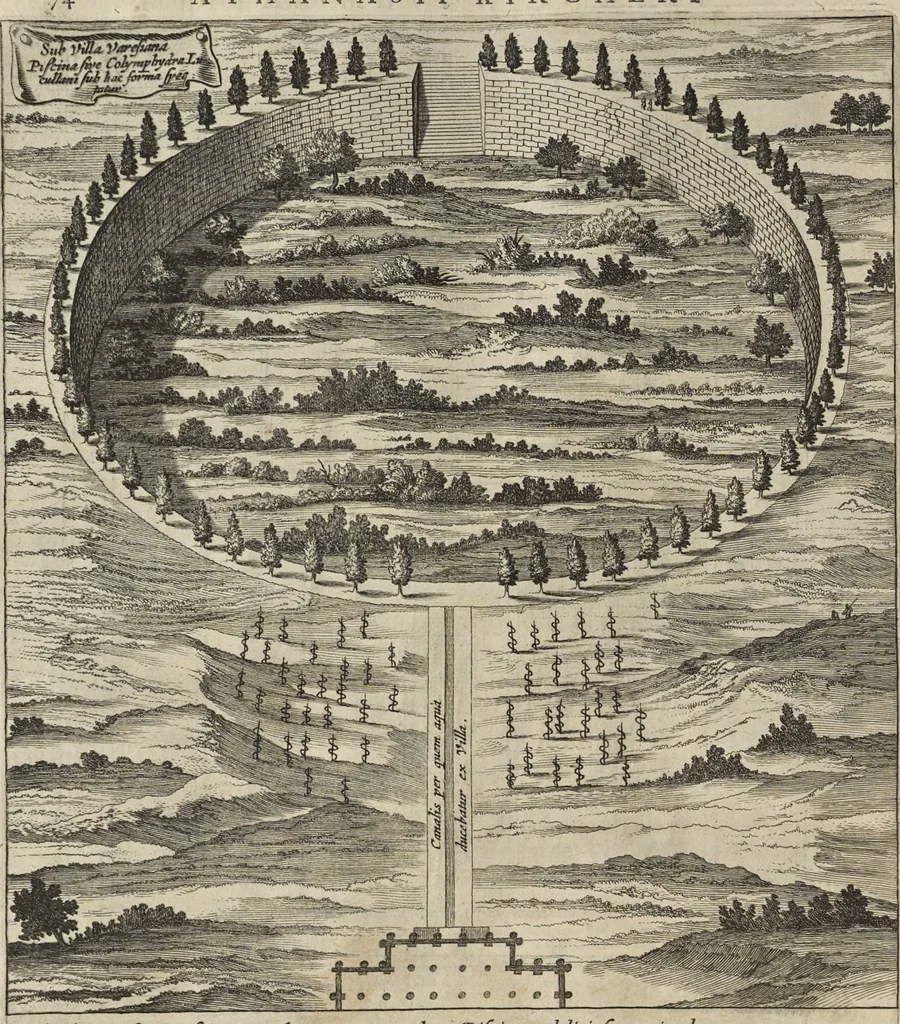 An illustration from Athanasii Kircheri è Soc. Jesu Latium, id est, Nova & parallela Latii tum veteris tum novi descriptio : qua quaecunque vel natura, vel veterum Romanorum ingenium admiranda effecit, geographico-historico-physico ratiocinio, juxta rerum gestarum, temporumque seriem exponitur & enucleatur, 1671, leaf 129