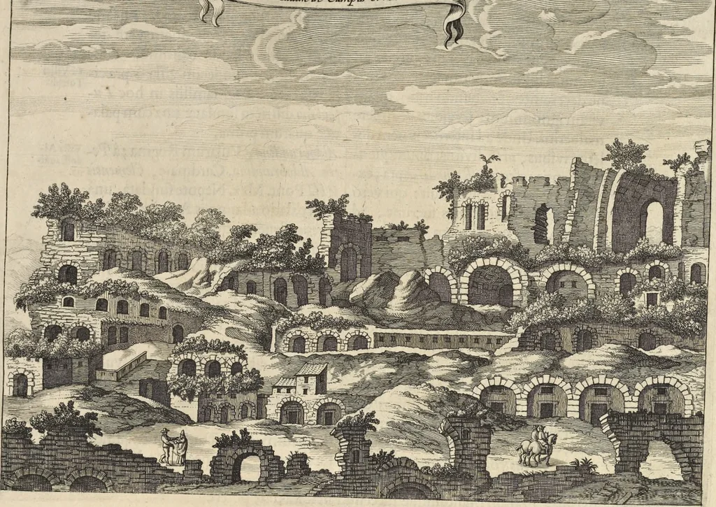 An illustration from Athanasii Kircheri è Soc. Jesu Latium, id est, Nova & parallela Latii tum veteris tum novi descriptio : qua quaecunque vel natura, vel veterum Romanorum ingenium admiranda effecit, geographico-historico-physico ratiocinio, juxta rerum gestarum, temporumque seriem exponitur & enucleatur, 1671, leaf 132