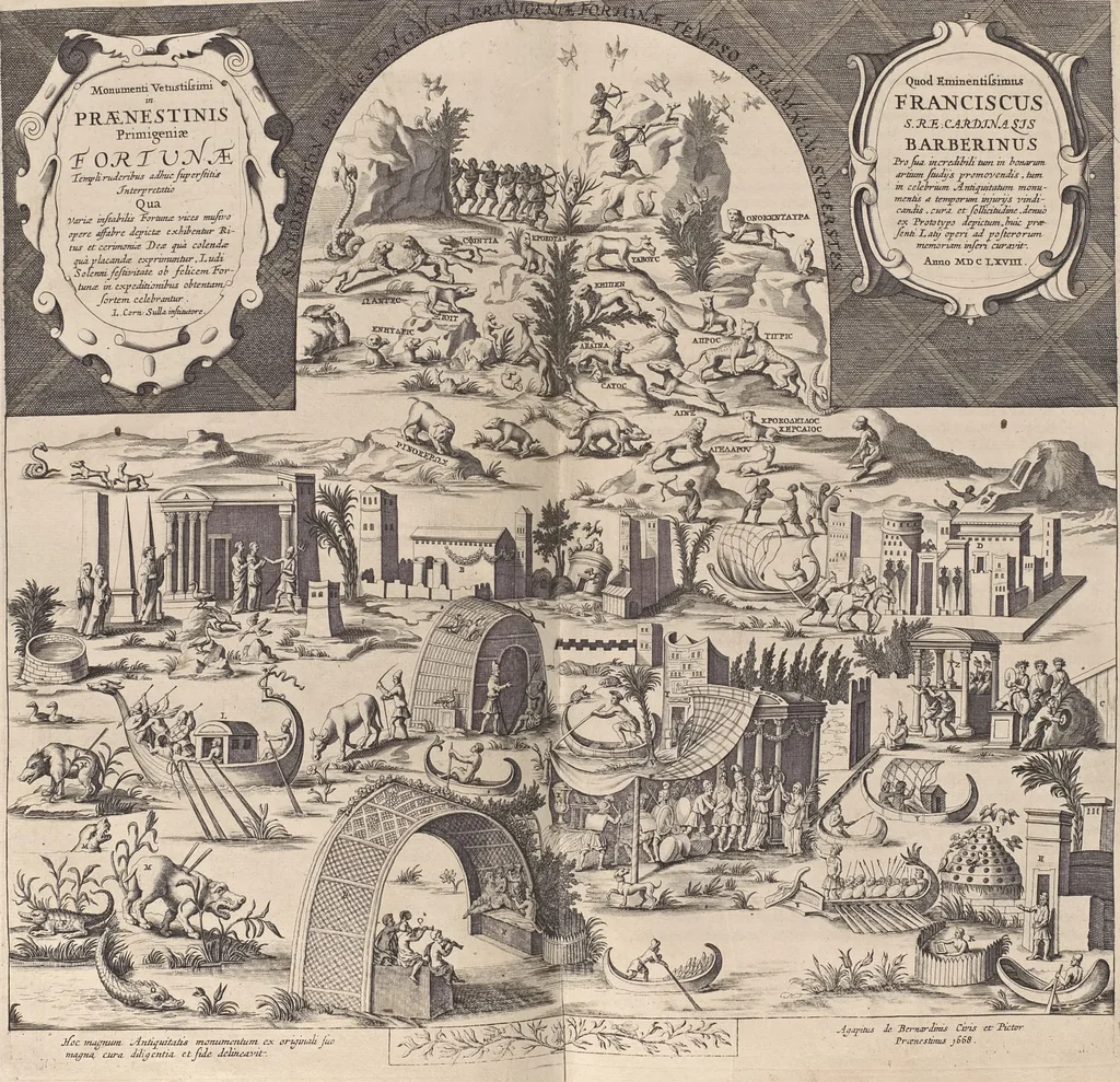An illustration from Athanasii Kircheri è Soc. Jesu Latium, id est, Nova & parallela Latii tum veteris tum novi descriptio : qua quaecunque vel natura, vel veterum Romanorum ingenium admiranda effecit, geographico-historico-physico ratiocinio, juxta rerum gestarum, temporumque seriem exponitur & enucleatur, 1671, leaf 171