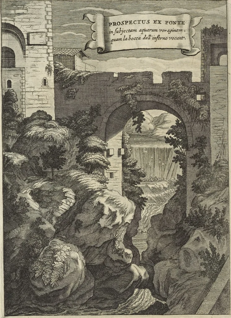 An illustration from Athanasii Kircheri è Soc. Jesu Latium, id est, Nova & parallela Latii tum veteris tum novi descriptio : qua quaecunque vel natura, vel veterum Romanorum ingenium admiranda effecit, geographico-historico-physico ratiocinio, juxta rerum gestarum, temporumque seriem exponitur & enucleatur, 1671, leaf 223