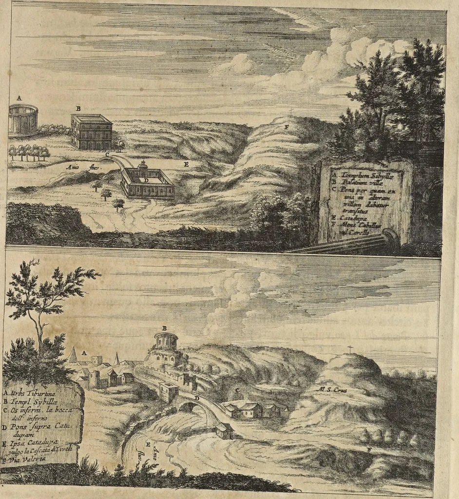 An illustration from Athanasii Kircheri è Soc. Jesu Latium, id est, Nova & parallela Latii tum veteris tum novi descriptio : qua quaecunque vel natura, vel veterum Romanorum ingenium admiranda effecit, geographico-historico-physico ratiocinio, juxta rerum gestarum, temporumque seriem exponitur & enucleatur, 1671, leaf 266