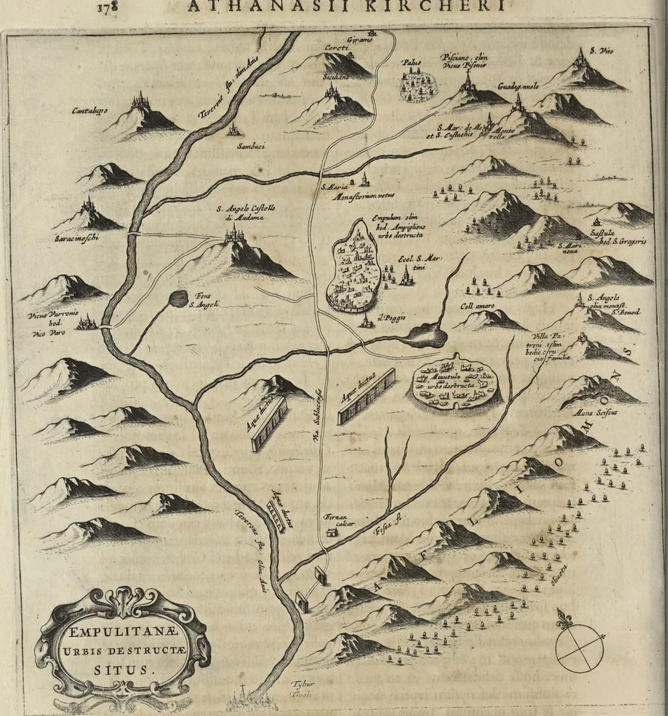 An illustration from Athanasii Kircheri è Soc. Jesu Latium, id est, Nova & parallela Latii tum veteris tum novi descriptio : qua quaecunque vel natura, vel veterum Romanorum ingenium admiranda effecit, geographico-historico-physico ratiocinio, juxta rerum gestarum, temporumque seriem exponitur & enucleatur, 1671, leaf 275