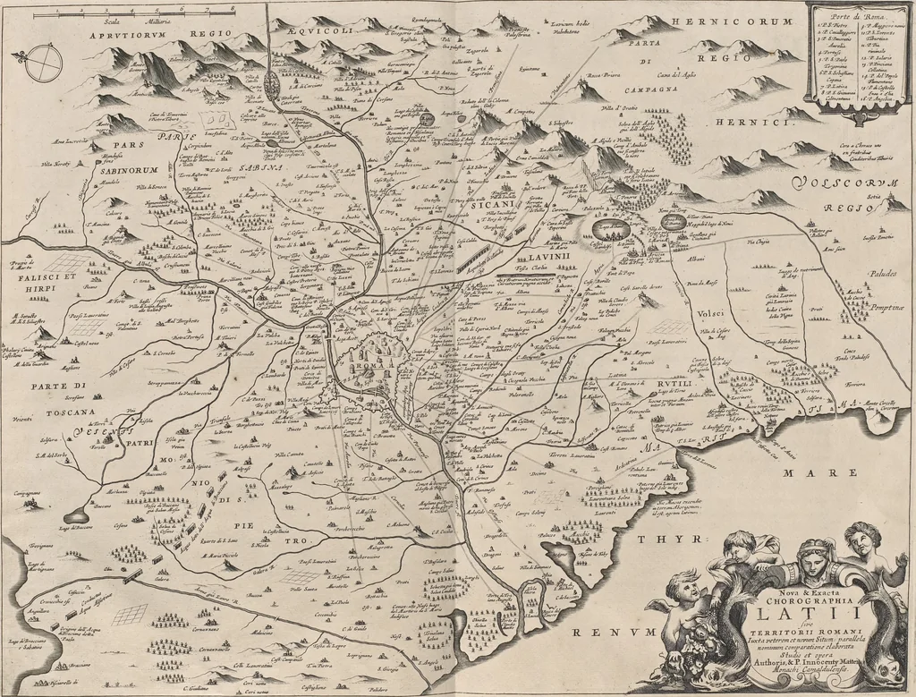 An illustration from Athanasii Kircheri è Soc. Jesu Latium, id est, Nova & parallela Latii tum veteris tum novi descriptio : qua quaecunque vel natura, vel veterum Romanorum ingenium admiranda effecit, geographico-historico-physico ratiocinio, juxta rerum gestarum, temporumque seriem exponitur & enucleatur, 1671, leaf 29