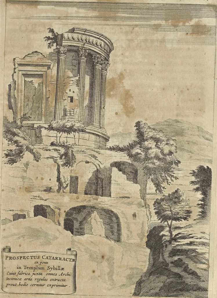 An illustration from Athanasii Kircheri è Soc. Jesu Latium, id est, Nova & parallela Latii tum veteris tum novi descriptio : qua quaecunque vel natura, vel veterum Romanorum ingenium admiranda effecit, geographico-historico-physico ratiocinio, juxta rerum gestarum, temporumque seriem exponitur & enucleatur, 1671, leaf 294