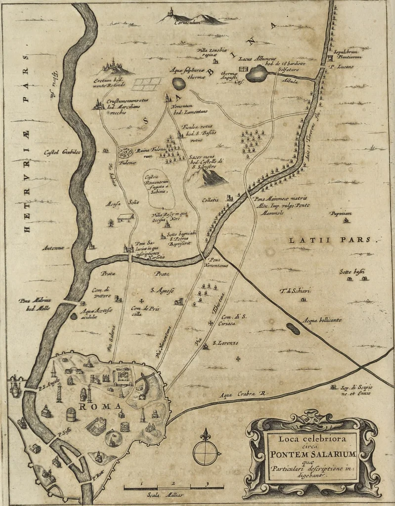 An illustration from Athanasii Kircheri è Soc. Jesu Latium, id est, Nova & parallela Latii tum veteris tum novi descriptio : qua quaecunque vel natura, vel veterum Romanorum ingenium admiranda effecit, geographico-historico-physico ratiocinio, juxta rerum gestarum, temporumque seriem exponitur & enucleatur, 1671, leaf 319