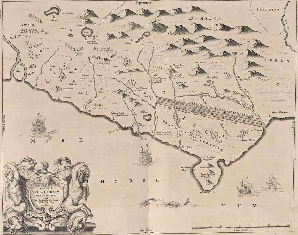 An illustration from Athanasii Kircheri è Soc. Jesu Latium, id est, Nova & parallela Latii tum veteris tum novi descriptio : qua quaecunque vel natura, vel veterum Romanorum ingenium admiranda effecit, geographico-historico-physico ratiocinio, juxta rerum gestarum, temporumque seriem exponitur & enucleatur, 1671, leaf 359