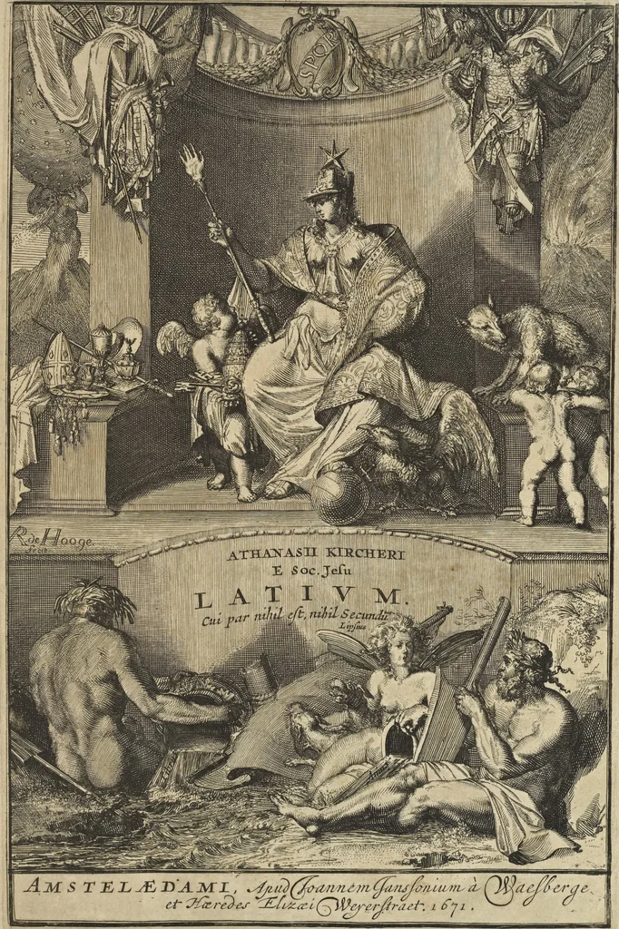 An illustration from Athanasii Kircheri è Soc. Jesu Latium, id est, Nova & parallela Latii tum veteris tum novi descriptio : qua quaecunque vel natura, vel veterum Romanorum ingenium admiranda effecit, geographico-historico-physico ratiocinio, juxta rerum gestarum, temporumque seriem exponitur & enucleatur, 1671, leaf 4