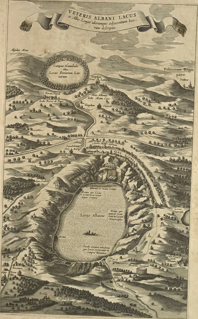 An illustration from Athanasii Kircheri è Soc. Jesu Latium, id est, Nova & parallela Latii tum veteris tum novi descriptio : qua quaecunque vel natura, vel veterum Romanorum ingenium admiranda effecit, geographico-historico-physico ratiocinio, juxta rerum gestarum, temporumque seriem exponitur & enucleatur, 1671, leaf 64