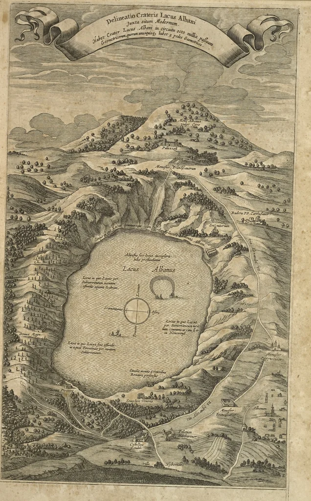 An illustration from Athanasii Kircheri è Soc. Jesu Latium, id est, Nova & parallela Latii tum veteris tum novi descriptio : qua quaecunque vel natura, vel veterum Romanorum ingenium admiranda effecit, geographico-historico-physico ratiocinio, juxta rerum gestarum, temporumque seriem exponitur & enucleatur, 1671, leaf 72