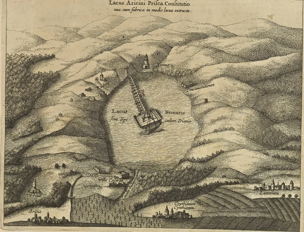 An illustration from Athanasii Kircheri è Soc. Jesu Latium, id est, Nova & parallela Latii tum veteris tum novi descriptio : qua quaecunque vel natura, vel veterum Romanorum ingenium admiranda effecit, geographico-historico-physico ratiocinio, juxta rerum gestarum, temporumque seriem exponitur & enucleatur, 1671, leaf 82