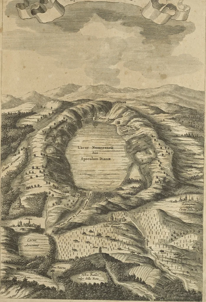 An illustration from Athanasii Kircheri è Soc. Jesu Latium, id est, Nova & parallela Latii tum veteris tum novi descriptio : qua quaecunque vel natura, vel veterum Romanorum ingenium admiranda effecit, geographico-historico-physico ratiocinio, juxta rerum gestarum, temporumque seriem exponitur & enucleatur, 1671, leaf 84