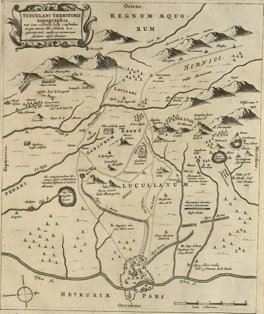 An illustration from Athanasii Kircheri è Soc. Jesu Latium, id est, Nova & parallela Latii tum veteris tum novi descriptio : qua quaecunque vel natura, vel veterum Romanorum ingenium admiranda effecit, geographico-historico-physico ratiocinio, juxta rerum gestarum, temporumque seriem exponitur & enucleatur, 1671, leaf 94