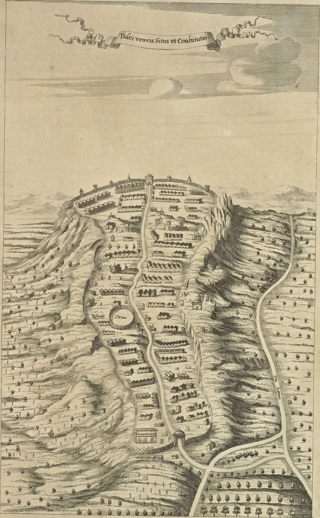 An illustration from Athanasii Kircheri è Soc. Jesu Latium, id est, Nova & parallela Latii tum veteris tum novi descriptio : qua quaecunque vel natura, vel veterum Romanorum ingenium admiranda effecit, geographico-historico-physico ratiocinio, juxta rerum gestarum, temporumque seriem exponitur & enucleatur, 1671, leaf 96