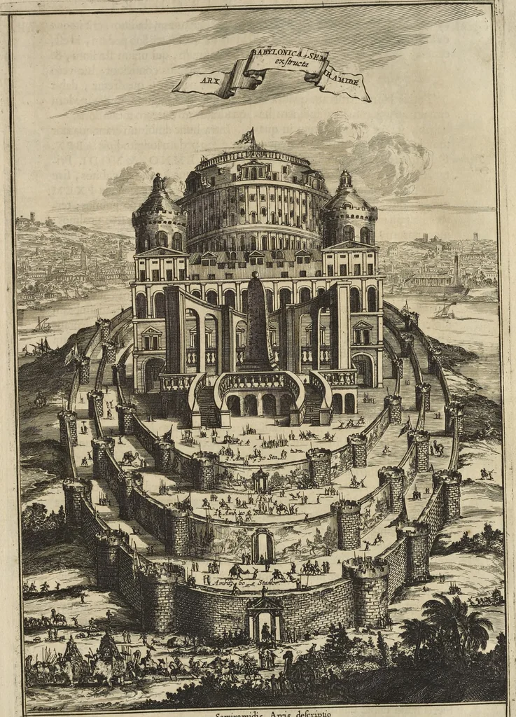 An illustration from Athanasii Kircheri e Soc. Jesu Turris Babel, sive, Archontologia qua primo priscorum post diluvium hominum vita, mores rerumque gestarum magnitudo, secundo Turris fabrica civitatumque extructio, confusio linguarum, & inde gentium transmigrationis, cum principalium inde enatorum idiomatum historiia, multiplici eruditione describunter & explicantur, 1679, leaf 100