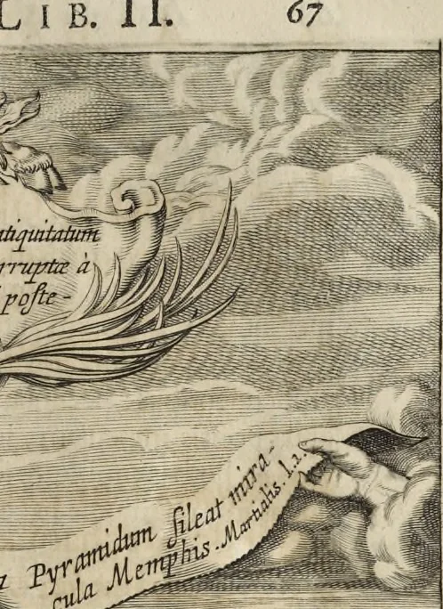 An illustration from Athanasii Kircheri e Soc. Jesu Turris Babel, sive, Archontologia qua primo priscorum post diluvium hominum vita, mores rerumque gestarum magnitudo, secundo Turris fabrica civitatumque extructio, confusio linguarum, & inde gentium transmigrationis, cum principalium inde enatorum idiomatum historiia, multiplici eruditione describunter & explicantur, 1679, leaf 108