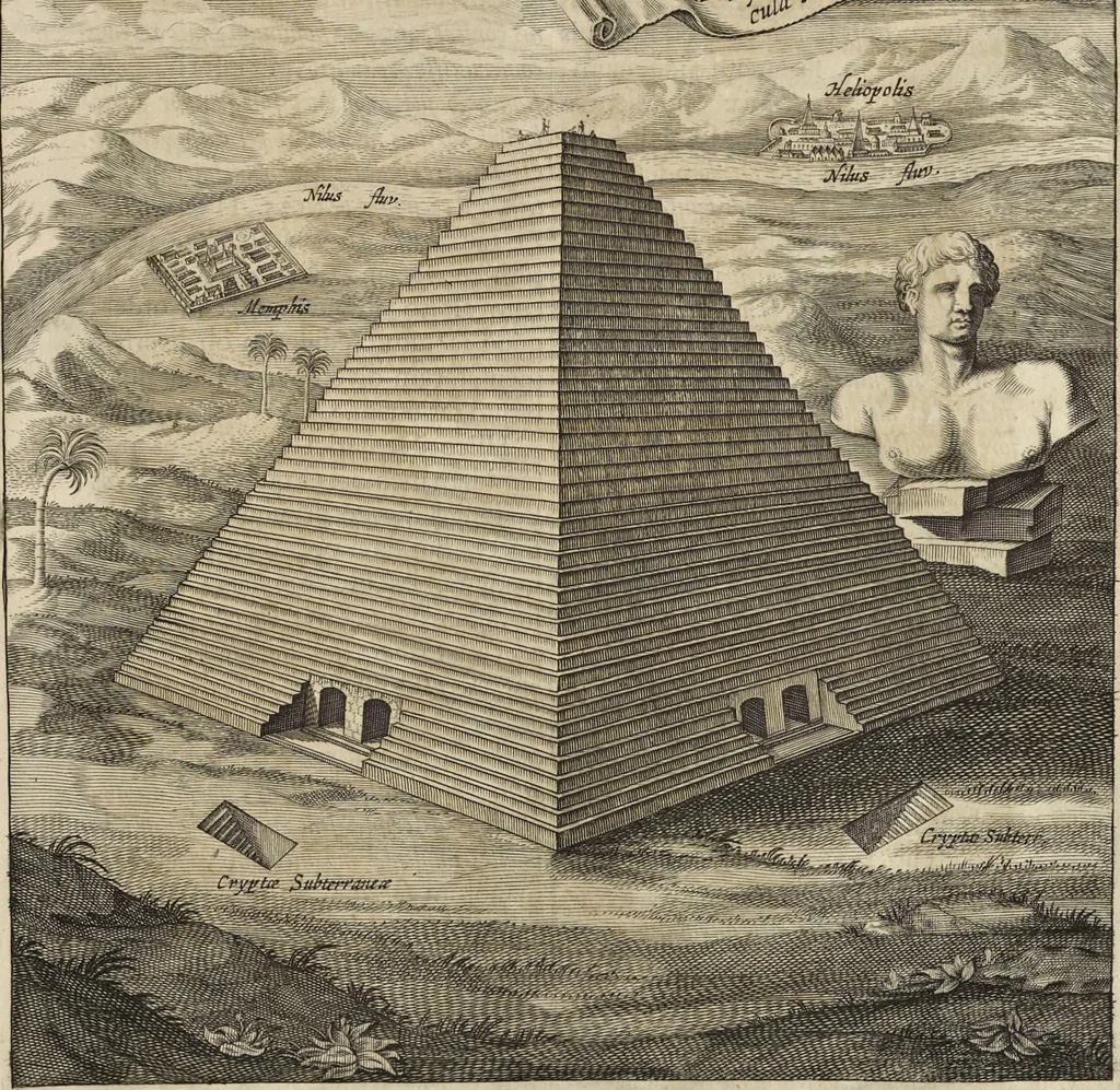 An illustration from Athanasii Kircheri e Soc. Jesu Turris Babel, sive, Archontologia qua primo priscorum post diluvium hominum vita, mores rerumque gestarum magnitudo, secundo Turris fabrica civitatumque extructio, confusio linguarum, & inde gentium transmigrationis, cum principalium inde enatorum idiomatum historiia, multiplici eruditione describunter & explicantur, 1679, leaf 108