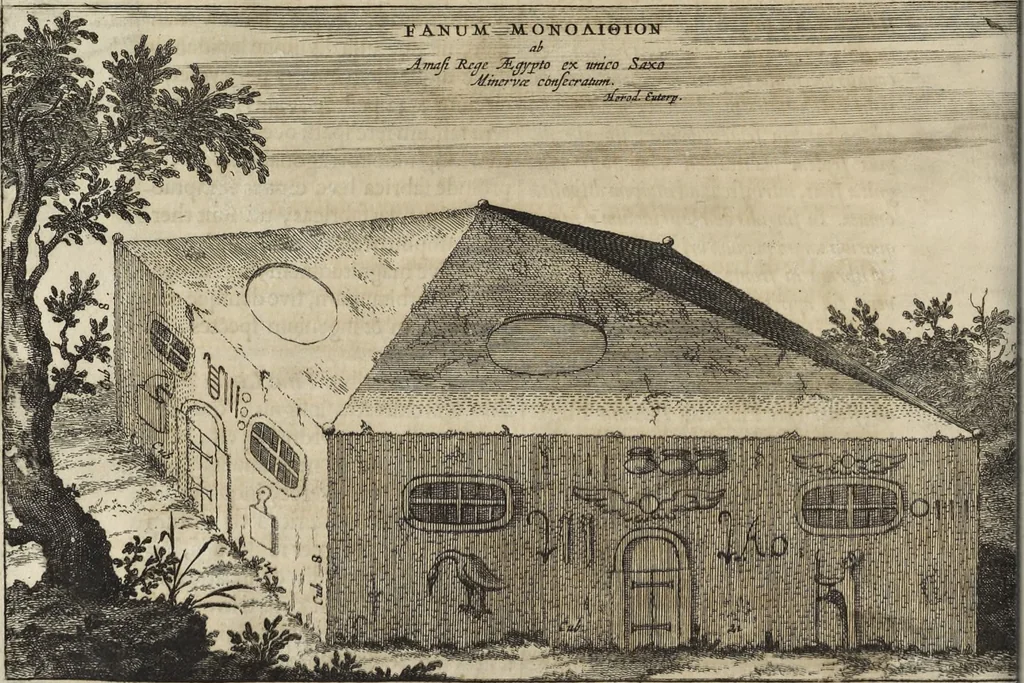 An illustration from Athanasii Kircheri e Soc. Jesu Turris Babel, sive, Archontologia qua primo priscorum post diluvium hominum vita, mores rerumque gestarum magnitudo, secundo Turris fabrica civitatumque extructio, confusio linguarum, & inde gentium transmigrationis, cum principalium inde enatorum idiomatum historiia, multiplici eruditione describunter & explicantur, 1679, leaf 113