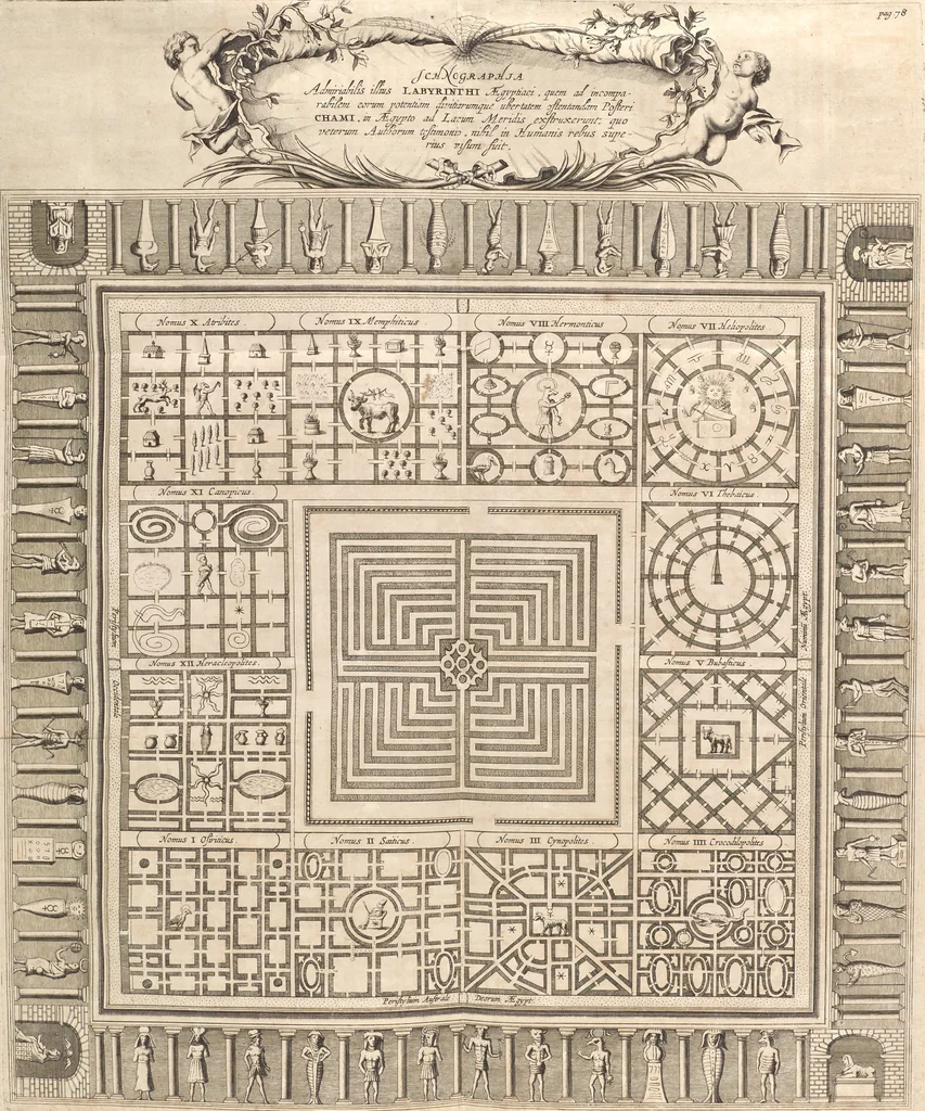 An illustration from Athanasii Kircheri e Soc. Jesu Turris Babel, sive, Archontologia qua primo priscorum post diluvium hominum vita, mores rerumque gestarum magnitudo, secundo Turris fabrica civitatumque extructio, confusio linguarum, & inde gentium transmigrationis, cum principalium inde enatorum idiomatum historiia, multiplici eruditione describunter & explicantur, 1679, leaf 125