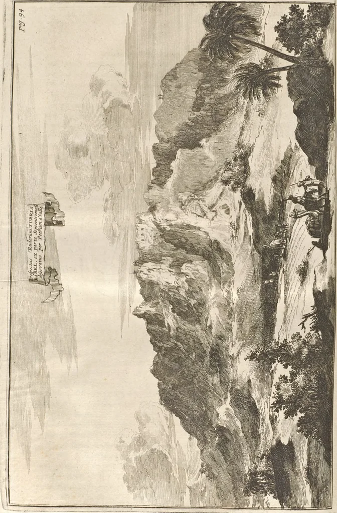 An illustration from Athanasii Kircheri e Soc. Jesu Turris Babel, sive, Archontologia qua primo priscorum post diluvium hominum vita, mores rerumque gestarum magnitudo, secundo Turris fabrica civitatumque extructio, confusio linguarum, & inde gentium transmigrationis, cum principalium inde enatorum idiomatum historiia, multiplici eruditione describunter & explicantur, 1679, leaf 145