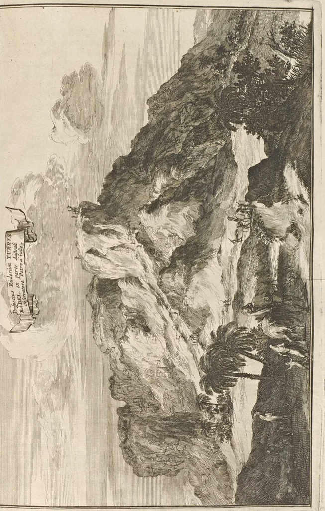 An illustration from Athanasii Kircheri e Soc. Jesu Turris Babel, sive, Archontologia qua primo priscorum post diluvium hominum vita, mores rerumque gestarum magnitudo, secundo Turris fabrica civitatumque extructio, confusio linguarum, & inde gentium transmigrationis, cum principalium inde enatorum idiomatum historiia, multiplici eruditione describunter & explicantur, 1679, leaf 145