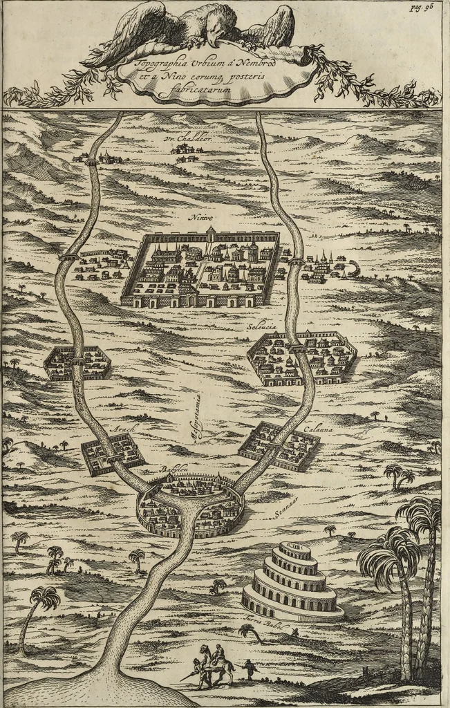 An illustration from Athanasii Kircheri e Soc. Jesu Turris Babel, sive, Archontologia qua primo priscorum post diluvium hominum vita, mores rerumque gestarum magnitudo, secundo Turris fabrica civitatumque extructio, confusio linguarum, & inde gentium transmigrationis, cum principalium inde enatorum idiomatum historiia, multiplici eruditione describunter & explicantur, 1679, leaf 150