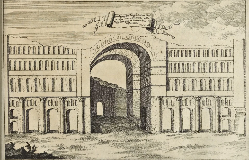 An illustration from Athanasii Kircheri e Soc. Jesu Turris Babel, sive, Archontologia qua primo priscorum post diluvium hominum vita, mores rerumque gestarum magnitudo, secundo Turris fabrica civitatumque extructio, confusio linguarum, & inde gentium transmigrationis, cum principalium inde enatorum idiomatum historiia, multiplici eruditione describunter & explicantur, 1679, leaf 154