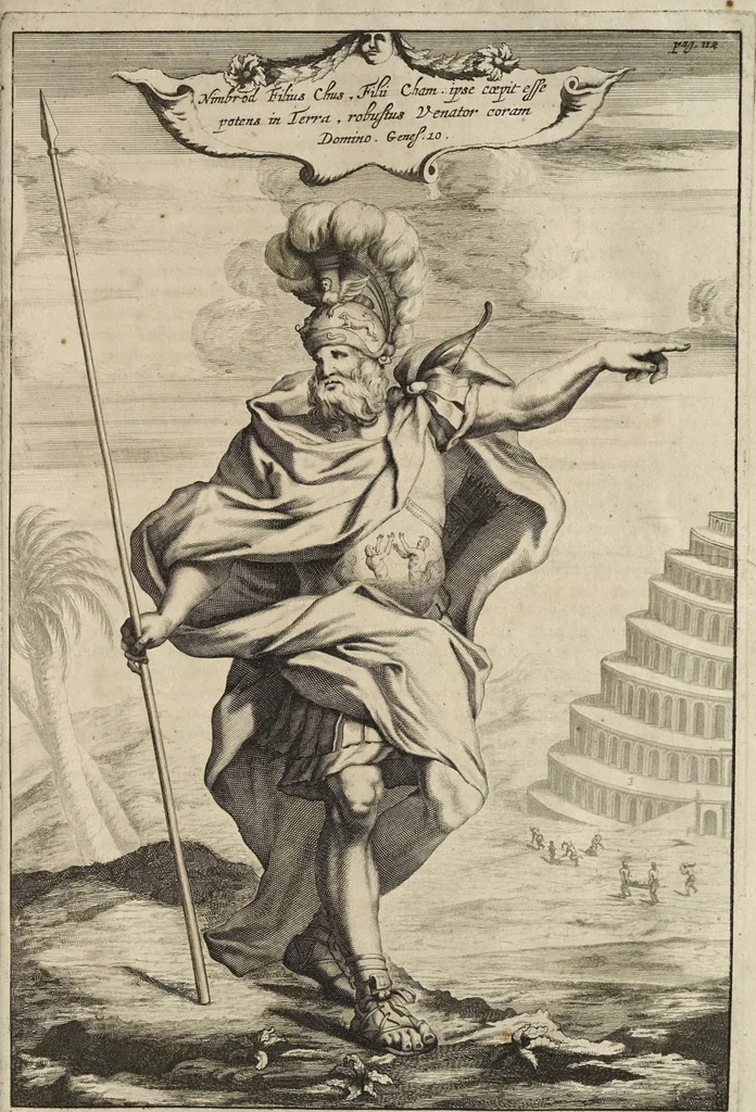 An illustration from Athanasii Kircheri e Soc. Jesu Turris Babel, sive, Archontologia qua primo priscorum post diluvium hominum vita, mores rerumque gestarum magnitudo, secundo Turris fabrica civitatumque extructio, confusio linguarum, & inde gentium transmigrationis, cum principalium inde enatorum idiomatum historiia, multiplici eruditione describunter & explicantur, 1679, leaf 170