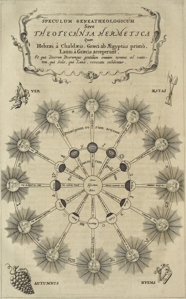 An illustration from Athanasii Kircheri e Soc. Jesu Turris Babel, sive, Archontologia qua primo priscorum post diluvium hominum vita, mores rerumque gestarum magnitudo, secundo Turris fabrica civitatumque extructio, confusio linguarum, & inde gentium transmigrationis, cum principalium inde enatorum idiomatum historiia, multiplici eruditione describunter & explicantur, 1679, leaf 203