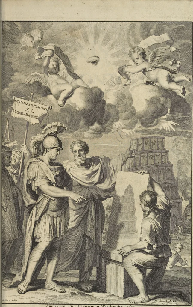 An illustration from Athanasii Kircheri e Soc. Jesu Turris Babel, sive, Archontologia qua primo priscorum post diluvium hominum vita, mores rerumque gestarum magnitudo, secundo Turris fabrica civitatumque extructio, confusio linguarum, & inde gentium transmigrationis, cum principalium inde enatorum idiomatum historiia, multiplici eruditione describunter & explicantur, 1679, leaf 4