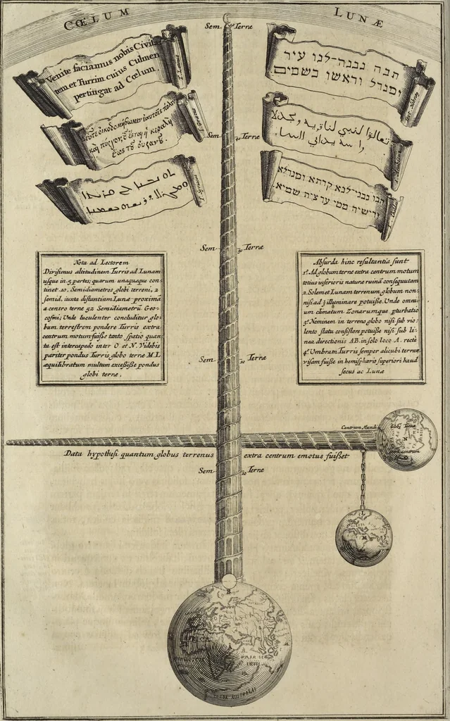 An illustration from Athanasii Kircheri e Soc. Jesu Turris Babel, sive, Archontologia qua primo priscorum post diluvium hominum vita, mores rerumque gestarum magnitudo, secundo Turris fabrica civitatumque extructio, confusio linguarum, & inde gentium transmigrationis, cum principalium inde enatorum idiomatum historiia, multiplici eruditione describunter & explicantur, 1679, leaf 61