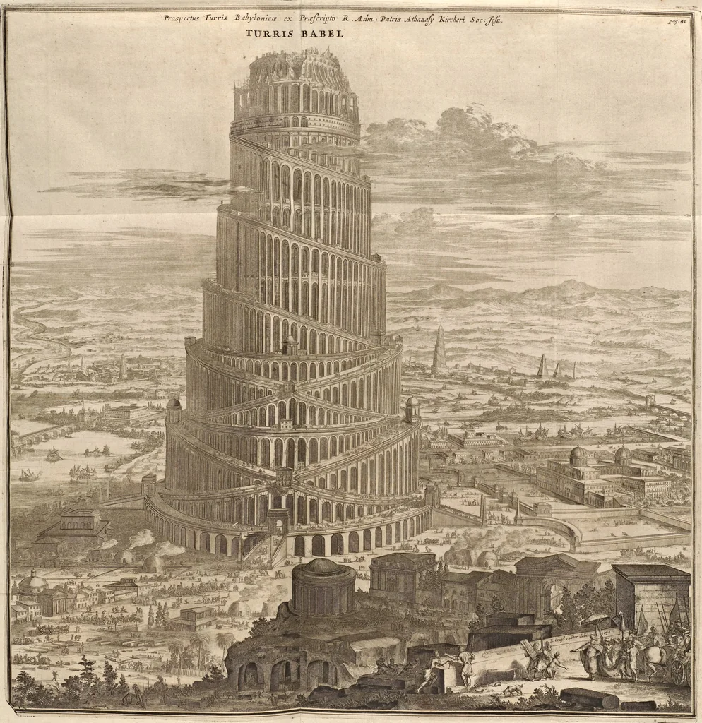 An illustration from Athanasii Kircheri e Soc. Jesu Turris Babel, sive, Archontologia qua primo priscorum post diluvium hominum vita, mores rerumque gestarum magnitudo, secundo Turris fabrica civitatumque extructio, confusio linguarum, & inde gentium transmigrationis, cum principalium inde enatorum idiomatum historiia, multiplici eruditione describunter & explicantur, 1679, leaf 65