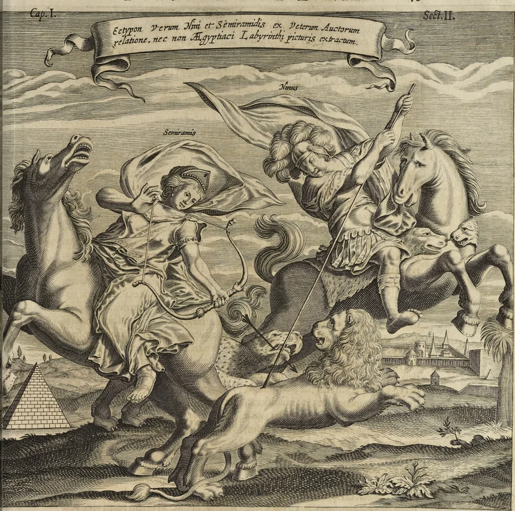 An illustration from Athanasii Kircheri e Soc. Jesu Turris Babel, sive, Archontologia qua primo priscorum post diluvium hominum vita, mores rerumque gestarum magnitudo, secundo Turris fabrica civitatumque extructio, confusio linguarum, & inde gentium transmigrationis, cum principalium inde enatorum idiomatum historiia, multiplici eruditione describunter & explicantur, 1679, leaf 70