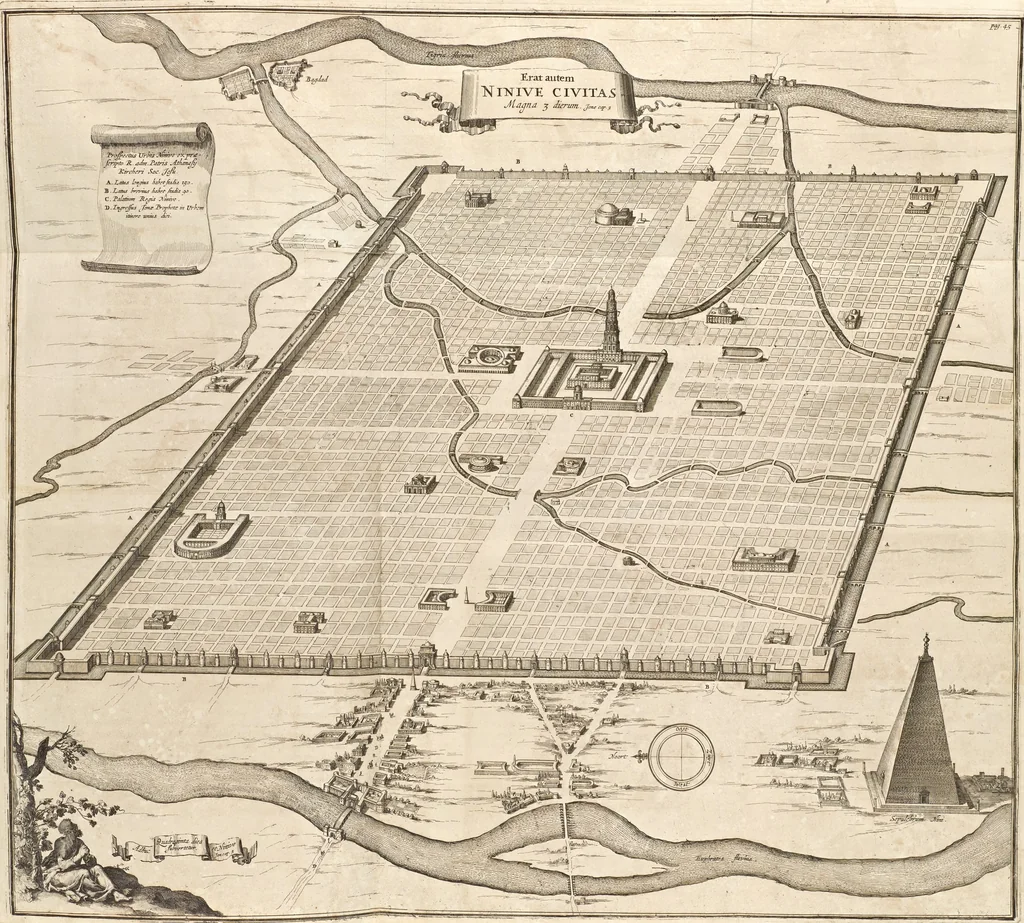 An illustration from Athanasii Kircheri e Soc. Jesu Turris Babel, sive, Archontologia qua primo priscorum post diluvium hominum vita, mores rerumque gestarum magnitudo, secundo Turris fabrica civitatumque extructio, confusio linguarum, & inde gentium transmigrationis, cum principalium inde enatorum idiomatum historiia, multiplici eruditione describunter & explicantur, 1679, leaf 73