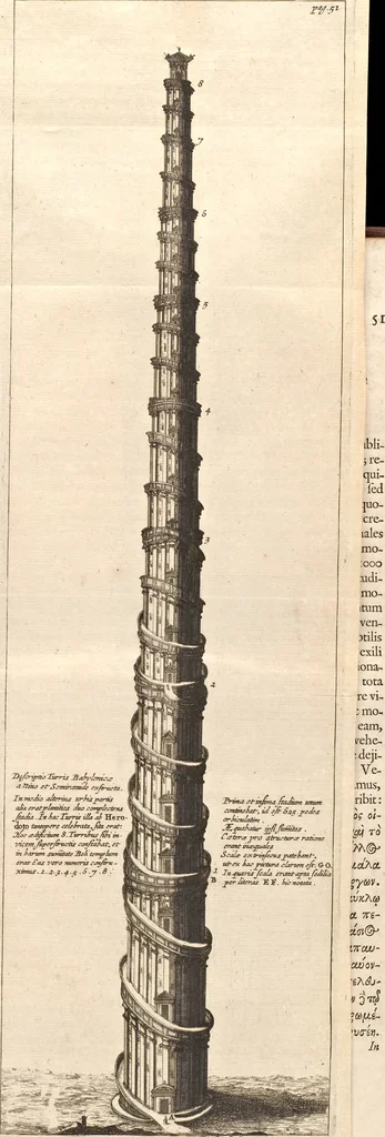 An illustration from Athanasii Kircheri e Soc. Jesu Turris Babel, sive, Archontologia qua primo priscorum post diluvium hominum vita, mores rerumque gestarum magnitudo, secundo Turris fabrica civitatumque extructio, confusio linguarum, & inde gentium transmigrationis, cum principalium inde enatorum idiomatum historiia, multiplici eruditione describunter & explicantur, 1679, leaf 82