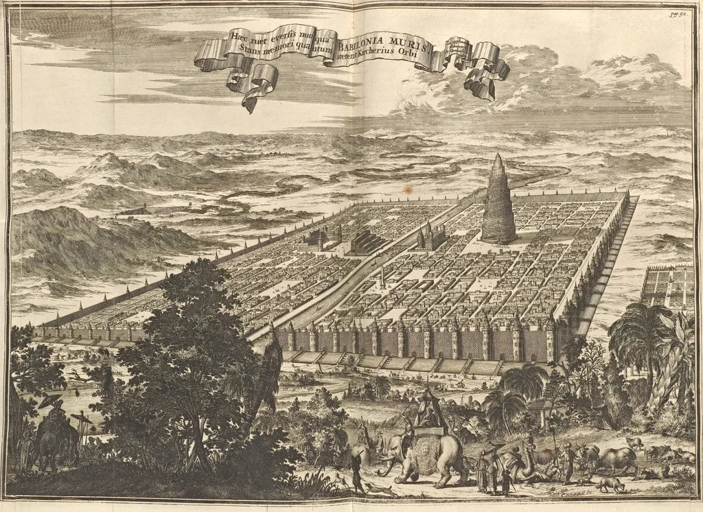 An illustration from Athanasii Kircheri e Soc. Jesu Turris Babel, sive, Archontologia qua primo priscorum post diluvium hominum vita, mores rerumque gestarum magnitudo, secundo Turris fabrica civitatumque extructio, confusio linguarum, & inde gentium transmigrationis, cum principalium inde enatorum idiomatum historiia, multiplici eruditione describunter & explicantur, 1679, leaf 87