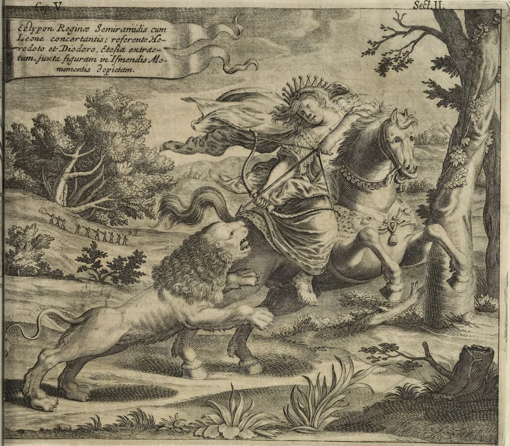 An illustration from Athanasii Kircheri e Soc. Jesu Turris Babel, sive, Archontologia qua primo priscorum post diluvium hominum vita, mores rerumque gestarum magnitudo, secundo Turris fabrica civitatumque extructio, confusio linguarum, & inde gentium transmigrationis, cum principalium inde enatorum idiomatum historiia, multiplici eruditione describunter & explicantur, 1679, leaf 94
