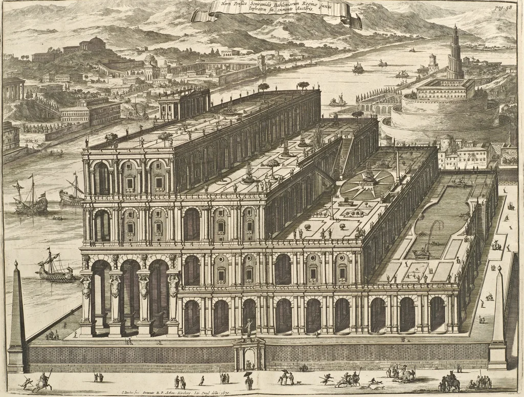 An illustration from Athanasii Kircheri e Soc. Jesu Turris Babel, sive, Archontologia qua primo priscorum post diluvium hominum vita, mores rerumque gestarum magnitudo, secundo Turris fabrica civitatumque extructio, confusio linguarum, & inde gentium transmigrationis, cum principalium inde enatorum idiomatum historiia, multiplici eruditione describunter & explicantur, 1679, leaf 97