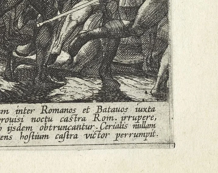 An illustration from Batauorum cum Romanis bellum : à Corn. Tacito lib. IV. & V. Hist. olim descriptum, figuris nunc aeneis expressum = De Batavische oft oude Hollandtsche oorloghe teghen de Romeynen, 1612, leaf 58