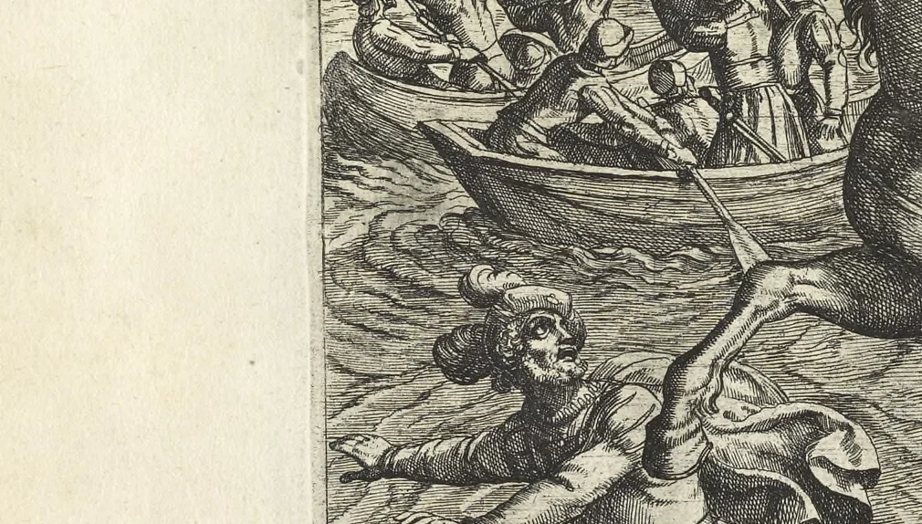An illustration from Batauorum cum Romanis bellum : à Corn. Tacito lib. IV. & V. Hist. olim descriptum, figuris nunc aeneis expressum = De Batavische oft oude Hollandtsche oorloghe teghen de Romeynen, 1612, leaf 66
