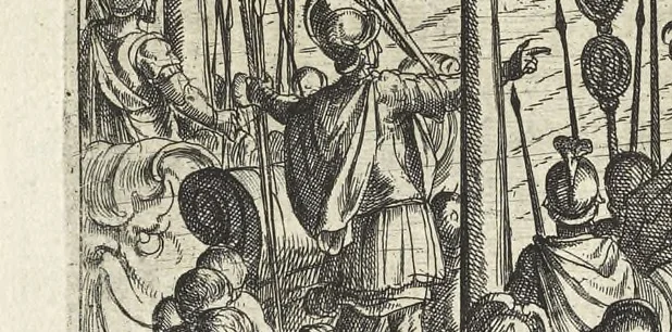 An illustration from Batauorum cum Romanis bellum : à Corn. Tacito lib. IV. & V. Hist. olim descriptum, figuris nunc aeneis expressum = De Batavische oft oude Hollandtsche oorloghe teghen de Romeynen, 1612, leaf 70