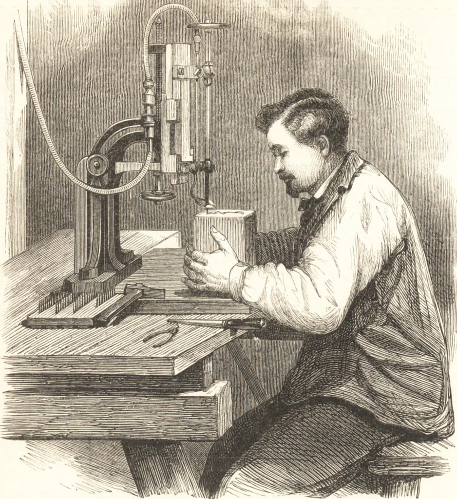 An illustration from A practical handbook of dyeing and calico-printing. With eleven page-plates, forty-seven specimens of dyed and printed fabrics, and thirty-eight woodcuts, 1874, leaf 577